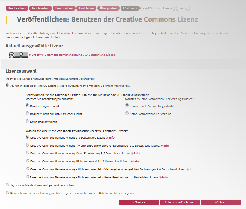 Screenshot Vergabe der Creative-Commons-Lizenz Screenshot Vergabe der Creative-Commons-Lizenz