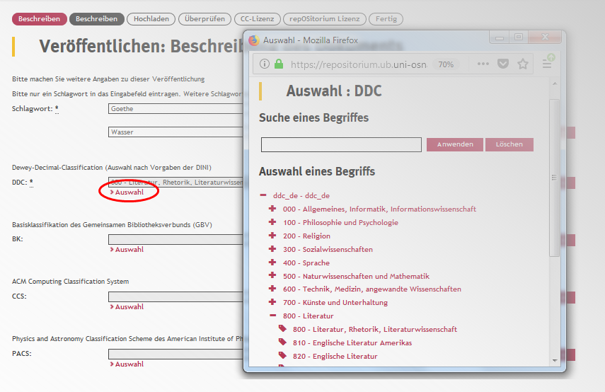 Screenshot Sachgruppe auswählen Screenshot Sachgruppe auswählen