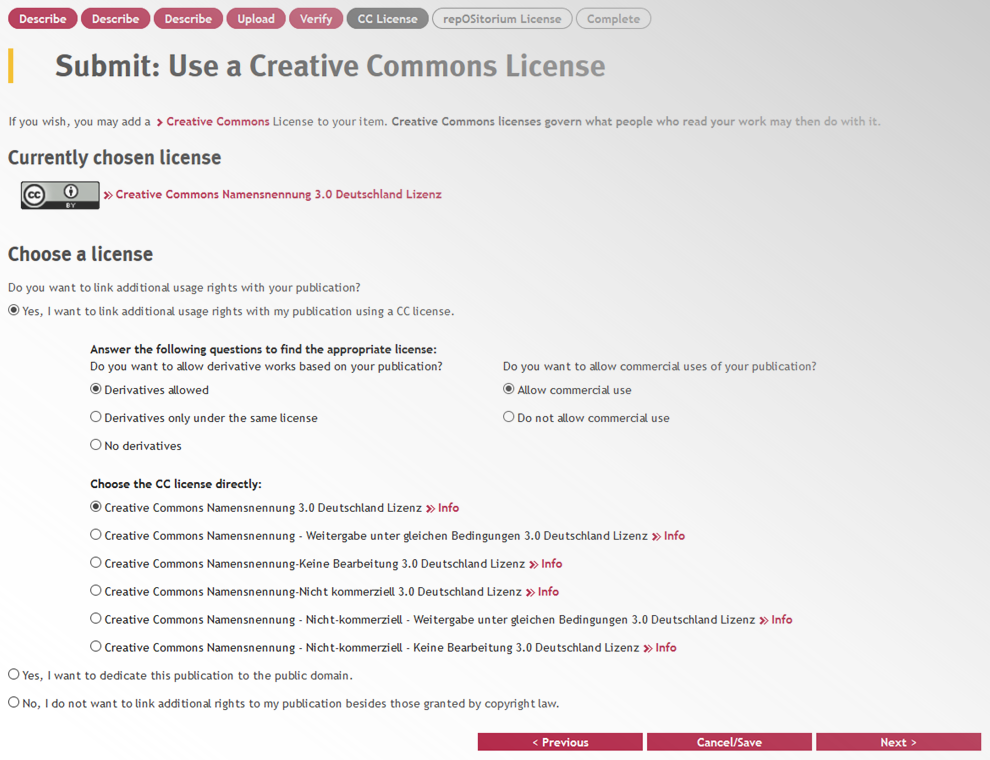 Screenshot Vergabe der Creative-Commons-Lizenz Screenshot Vergabe der Creative-Commons-Lizenz