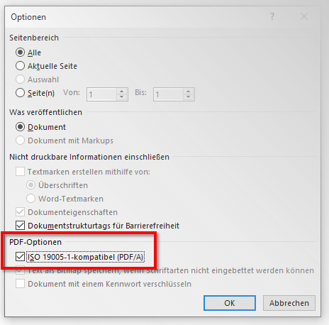 Beschreibung Erstellung PDF/A-Dateien